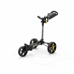 Powakaddy DLX-Lite FF Push Trolley -Golf Pro Deals Store DLX LITE FF GUNMETAL YELLOW ANGLED SIDE 510x510 1