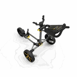 Powakaddy DLX-Lite FF Push Trolley -Golf Pro Deals Store DLX LITE FF GUNMETAL YELLOW TOP VIEW 510x510 1